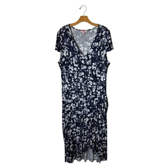 Juicy Couture Dress Women XL Blue White Floral Print Faux Wrap Midi Retro Boho‎ - Picture 2 of 11